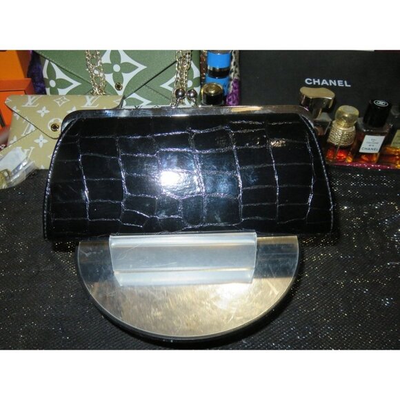 New Directions Black Croc Embossed Kisslock Flap Clutch Continental Long Wallet - Picture 2 of 11